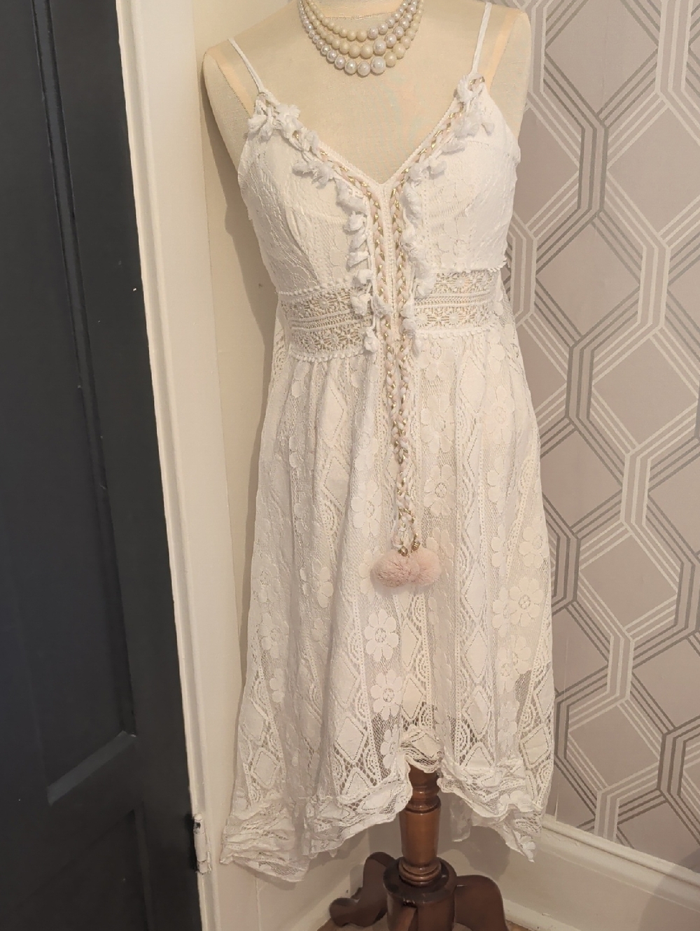 Lace Maxi Dress with Braided Tassel Tie in Cream